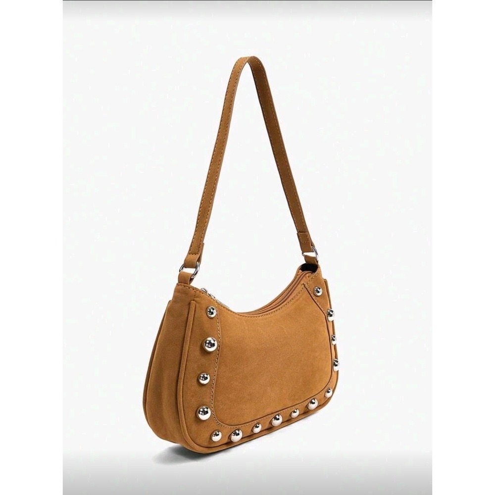 Brown faux Suede Shoulder Bag Studded Accent Hobo Style - Picture 3 of 4
